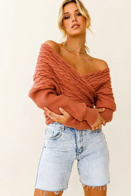 Heartstopper Off-Shoulder Wrap Knit Top Rose