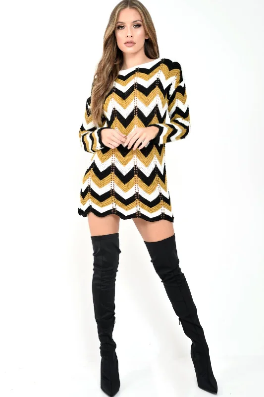 Mustard White Black Chevron Jumper Dress - Kalise